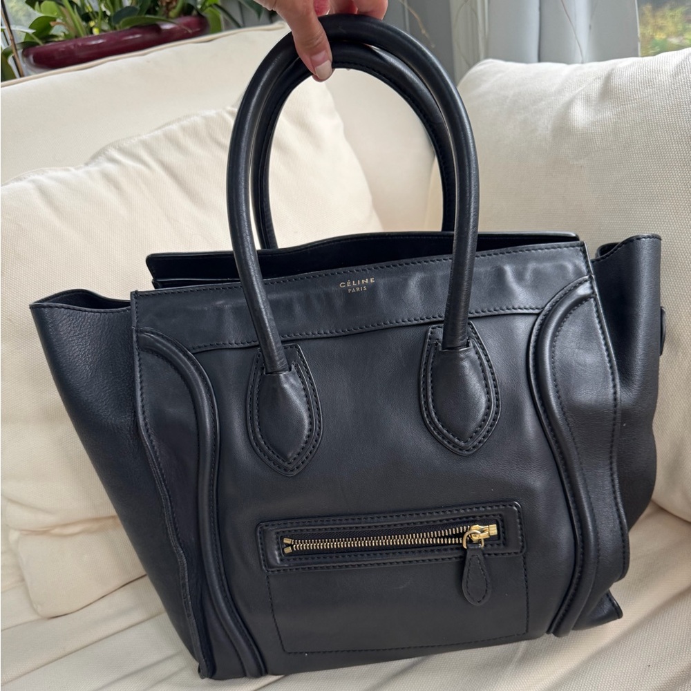Celine Black Leather Mini Luggage Tote with Gold Hardware